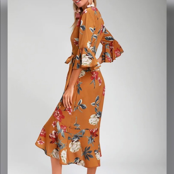 Love & Light Mustard Yellow Floral Midi Wrap Dress - Picture 2 of 10